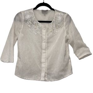 Moiselle Cream White Size 6 Embroidered Snap Front Shrug Blouse 3/4 Sleeve
